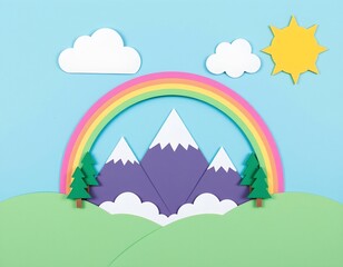 Whimsical Paper Craft Landscape with Rainbow Mountains and Sun