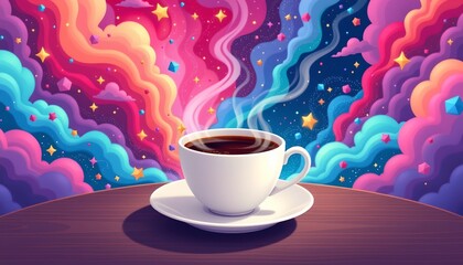 Cozy Caf&Atilde;&copy; Scene with Steaming Drink and Dreamy Nebula Background