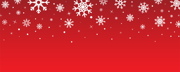 Christmas red background with falling white snowflakes border. Winter holiday banner for Christmas website headers, New Year greeting cards, seasonal sale banners, and holiday event invitations