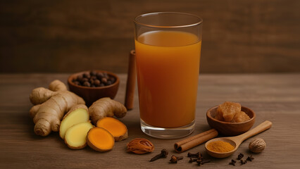 A glass of golden turmeric ginger drink surrounded by fresh ginger, turmeric, cinnamon, cloves, and other spices on a wooden table.