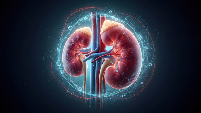 Detailed 3D rendering of human kidneys with glowing blue energy field.