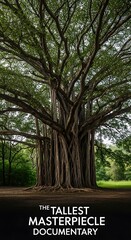 Gigantic, ancient tree featuring numerous aerial roots stands prominently in a lush green clearing