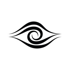 A stylized black tribal eye symbol with a swirling pupil and flowing lines.