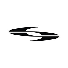 A stylized black and white abstract logo resembling a sideways 'S' or an infinity symbol with sharp edges.