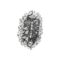 Ancient mystical magic book with chains and skulls illustration in vintage woodcut engraving style on white background