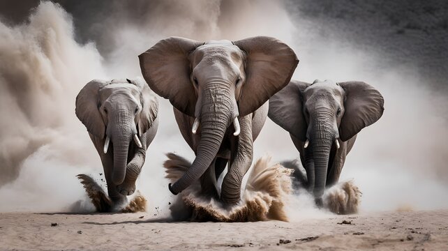 Three elephants charging through dust in a savanna landscape