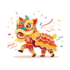 A vibrant cartoon dragon creature with colorful confetti and streamers, set against a clean white background with a lively and festive atmosphere.