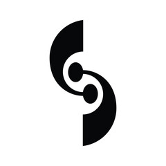 A stylized black and white graphic symbol resembling a musical clef or an abstract 'S' shape.