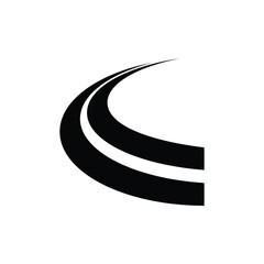 A stylized black and white graphic representing a curved road or pathway with two distinct lanes.