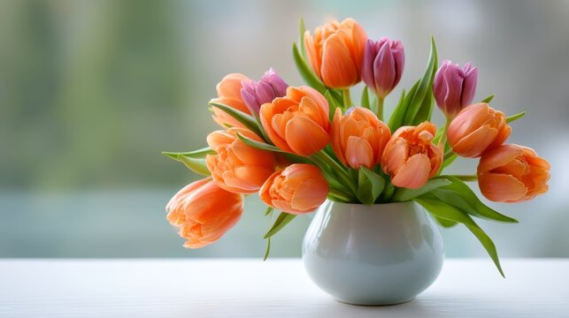 Vibrant tulips in a white ceramic vase glowing on a windowsill at twilight, closeup highangle shot with soft natural light and a blurred background, perfect for floral decor or spring themes - Powered by Adobe