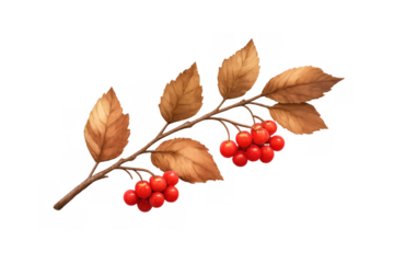 Autumn rowan berry branch illustration with red berries and brown leaves on a transparent background, depicting fall nature and season
