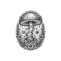 Fantasy magic mushroom illustration with floral wreath and vintage woodcut engraving style on white background