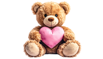 Cute teddy bear holding a pink heart isolated on transparent background, a sweet and adorable plush toy for valentines day or any special occasion
 isolated on solid background