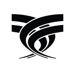 An abstract black and white logo featuring multiple intertwined curved lines and ribbons, creating a dynamic and symmetrical design.