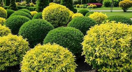 Carefully sculpted ornamental shrubs display contrasting green and yellow foliage in a formal garden setting.