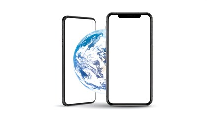 Two smartphones showcasing blank screens with the Earth in the background.