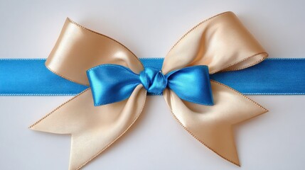 Elegant double satin ribbon bow in champagne and blue colors, isolated on white background