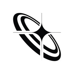 Stylized black and white graphic depicting a celestial body with rings and a central starburst.