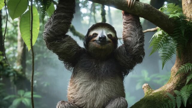 Sloth hanging in the humid jungle and slowly shifting one arm across a tree limb