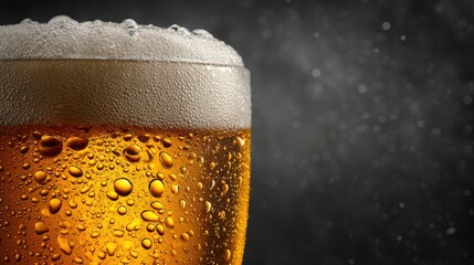 Close up of a refreshing glass of cold beer with thick foam and condensation droplets on a dark background