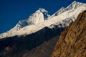 Gordijnen Gletsjer Epic close-up view of Dhaulagiri I, the seventh-highest mountain in the world, rising above glaciers and ice fields in the Nepalese Himalayas. Photographed along the route from Kagbeni to Marpha   © Augusto