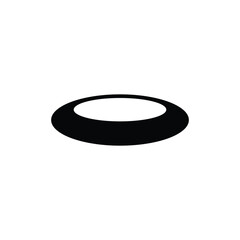 A minimalist black and white oval graphic with a central white cutout, creating a stylized lens or eye shape.