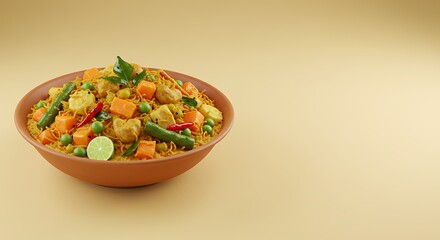 Appetizing Indian Vegetable Curry with Spices and Garnish in Traditional Clay Bowl