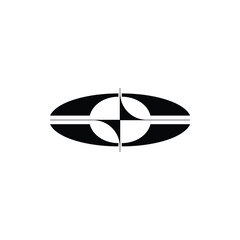 Abstract black and white oval logo with a central cross design, featuring alternating filled quadrants creating a stylized target or compass motif.