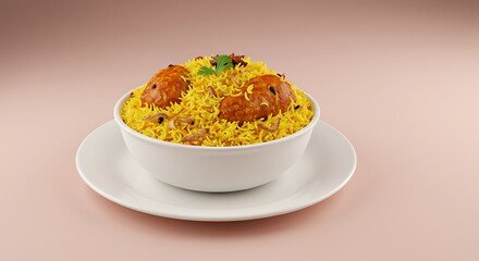 Aromatic Chicken Biryani Rice Bowl with Spices and Herbs on a White Plate