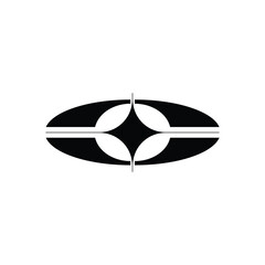 Abstract black and white symmetrical logo design featuring an elongated oval with a central diamond shape and horizontal lines.