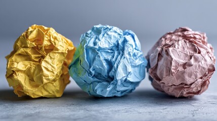 Three colorful crumpled paper balls in a row on a grey textured background
