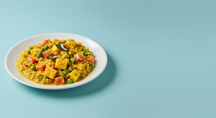 Healthy Indian Mixed Vegetable Curry with Coconut and Curry Leaves Served on a White Plate