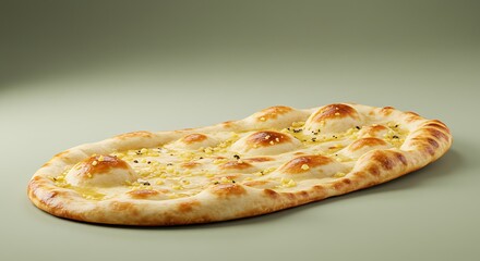 Golden Garlic Naan Bread Glistening with Butter and Herbs on a Plain Background