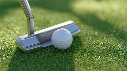 A close-up of a golf putter and a golf ball resting on a green surface, showcasing the precision and focus required in the game of golf.