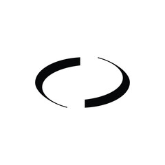 A minimalist graphic design featuring two black curved shapes forming an open ellipse on a white background.