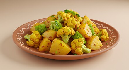 Traditional Aloo Gobi Dish with Yellow and Green Cauliflower and Roasted Potatoes in a Terracotta Plate