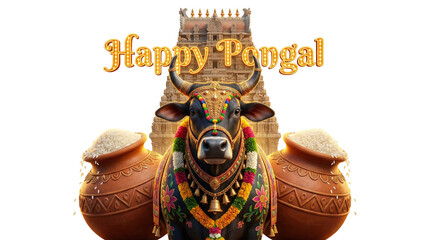 Mattu Pongal festival scene with decorated cows, colorful garlands and bells, rural Tamil Nadu village background, natural daylight, cultural authenticity