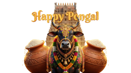 Mattu Pongal festival scene with decorated cows, colorful garlands and bells, rural Tamil Nadu village background, natural daylight, cultural authenticity