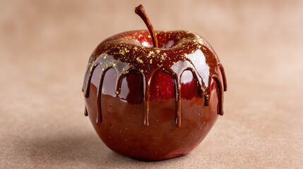 Gourmet red apple with dripping chocolate glaze and gold leaf sprinkles on a neutral background