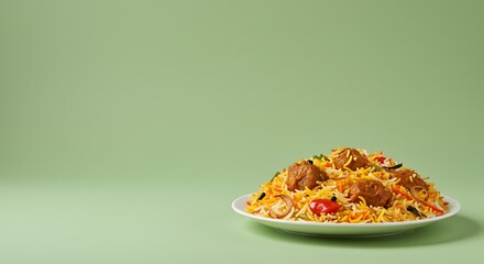 Traditional Mutton Biryani Rice with Meat Chunks on a White Plate over a Minimal Green Background with Copy Space