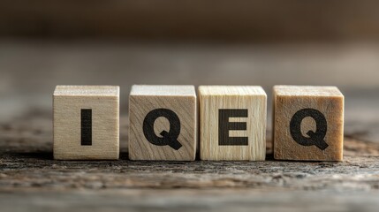 IQEQ spelled out on wooden blocks on a rustic table, representing intelligence and emotional quotient