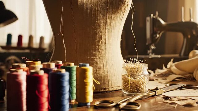 P189-A close-up of a vintage dress form paired with colorful spools of thread showcasing a creative sewi 4K 10s