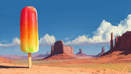 Surreal Giant Rainbow Popsicle in Arid Desert Landscape with Majestic Red Rock Buttes.