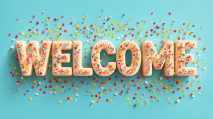 Celebratory 3D "WELCOME" sign decorated with colorful confetti and sprinkles on a light blue background