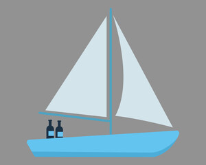 Sailboat with two bottles on deck sailing on water