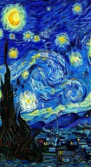 Impasto brushstrokes depict a vibrant nighttime landscape beneath a swirling celestial display