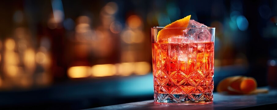 A beautifully crafted cocktail with ice and a twist of orange sits elegantly in a crystal glass, illuminated by soft, colorful bar lighting.
