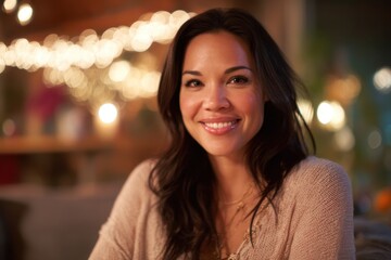 Smiling Asian woman with long dark hair, wearing a cozy sweater, is sitting in a warmly lit room with decorative lights, exuding a cheerful and inviting atmosphere