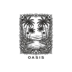 Tropical desert oasis landscape with palm trees and flowers illustration in vintage woodcut engraving style.