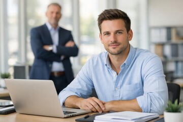 Fototapeta premium Confident young Caucasian man at a modern office, with a senior colleague in the background, symbolizing teamwork and collaboration.